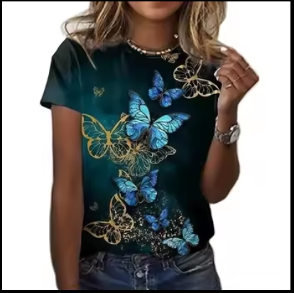 3d Butterfly Print O-neck Tshirt For Ladies Casual Streetwear Short Sleeves Tops Female Clothing Tees