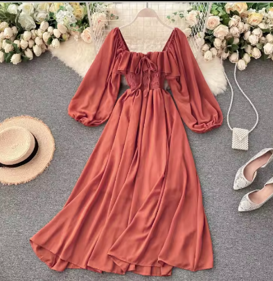 Chic Long Sleeve Casual Dresses Women Lady Elegant French Retro Square Neck Puff Sleeve Chiffon Long Dress