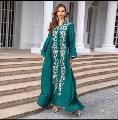 Embroidered Collared V-Neck Abaya Dress Morocco Kaftan Turkey Casual Arab Floral Abaya Gown Dress Ethnic Clothing Ramadan Dress