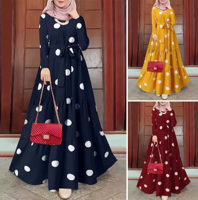 Ladies Elegant Polka Dot Printing Dress  Modest Abaya Dress