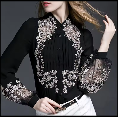 OEM Ladies V-neck Blouse Unique Floral Embroidered Floral Top Rayon Embroidery women blouses