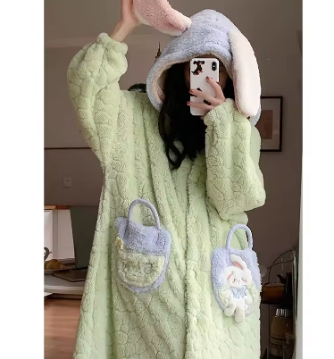 Winter Women's two piece pajama suit set long cardigan women  VELVET high quality pajamas robes