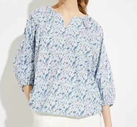 Women's Blue Floral Print 100% Cotton Puff Sleeve Blouse&shirt for Spring  Fashion Outfit