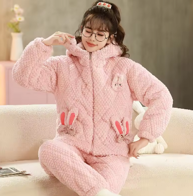 women's pajamas winter thickened warm children cartoon cute cotton long sleeve night 2 pieces pajamas set